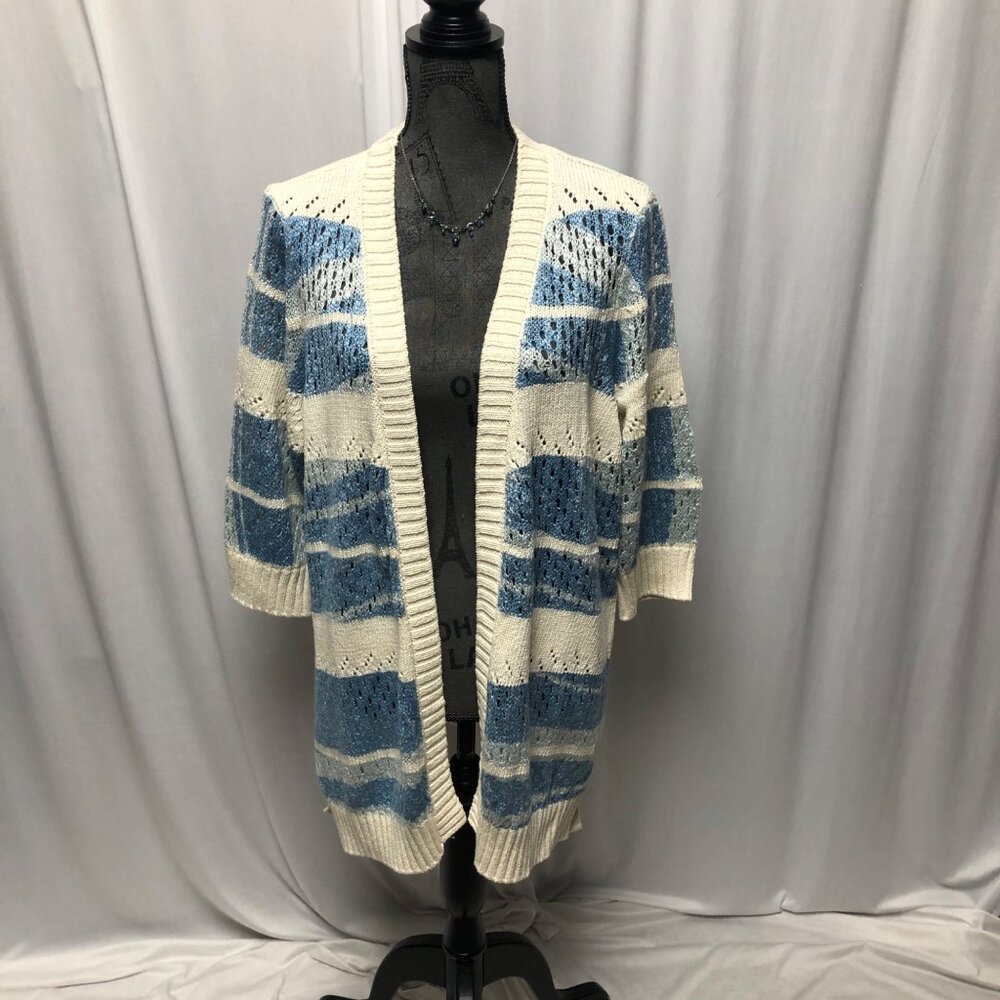 Norm Thompson Cardigan Womens 2X Blue Cream Striped Knit Open Front Sweater